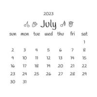 2023 Juli-Kalender mit Kirschen und Erdbeeren. Vektor