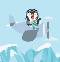 süßer Pinguin, der in einem Flugzeug fliegt vektor