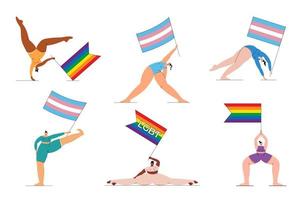 lgbt-gruppe von menschen, die in yoga-posen mit transgender- und regenbogenfahnen in ihren händen stehen. vektor