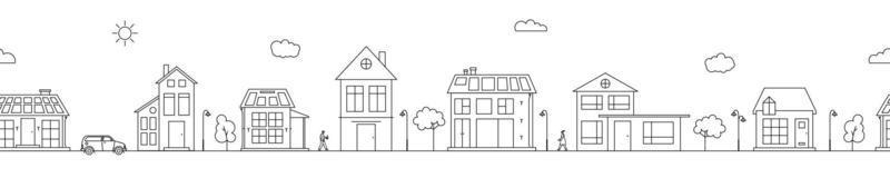 sömlös webb baner med grannskap linje konst vektor illustration. stadsbild med svartvit bostads- byggnader och sol- paneler på tak
