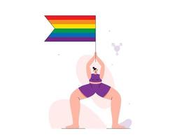 person innehar HBTQ flagga stående i yoga placera. vektor