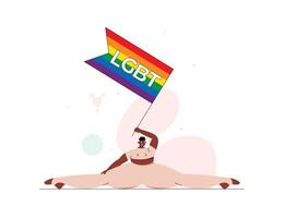 person hält lgbt-flagge, die in yoga-position steht. vektor