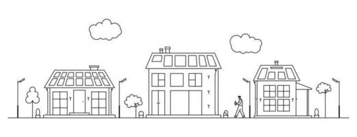 linje konst illustration med förorts stadsbild. grannskap med sol- paneler på tak. alternativ grön energi. vektor