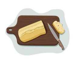 Laib frisches Weißbrot auf einem Holzschneidebrett mit einer Scheibe Brot und einem Messer. vektorisolierte illustration in einem realistischen flachen stil. für postkarten, etiketten, design, banner, werbung vektor