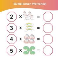 Multiplikationsarbeitsblatt für kinder. mathearbeitsblatt vorschule. Mathearbeitsblatt zum ausdrucken. vektor