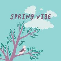 quadratische Vektorgrafik mit einem Baum, einem Vogel, Himmel und Wolken, mit Bildunterschrift Frühlingsstimmung vektor