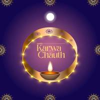 glückliche karwa chauth dekorative karte mit mond und diya vektor