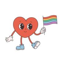 trendige Retro-Cartoon-Herzfigur. grooviger Stil, Vintage, 70er-60er-Ästhetik. Valentinstag, lgbtq-Flagge. vektor