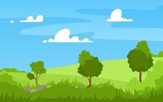 vektor illustration av skön sommar landskap fält, träd, grön kullar, lång gräs, blå himmel ljus Färg, moln Land bakgrund i platt baner tecknad serie stil.