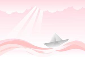 Illustration eines Bootes auf dem Meer in rosa Farbthema. Origami-weißes Papierboot, das im Meer schwimmt, mit Wolke in rosa Farbthema vektor