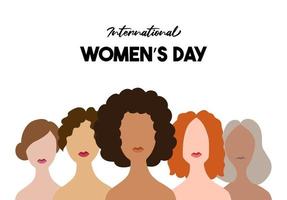 internationell kvinnors dag affisch. 5 kvinnor med annorlunda hud tona och frisyrer på de vit bakgrund. vektor