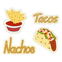 Satz mexikanischer Nachos- und Tacos-Aufkleber mit Schriftzug. lateinamerikanische Küche. Fastfood vektor