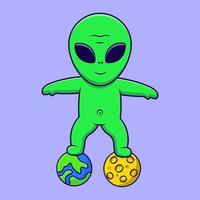 niedlicher alien, der auf planetenkarikatur-vektorikonenillustration steht. flaches karikaturkonzept. geeignet für jedes kreative Projekt. vektor