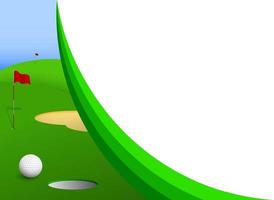 Sportball für Golf vor dem Loch mit roten Fahnen auf dem grünen Sportplatz. Banner, Hintergrund für die Gestaltung von Wettbewerben. gesunder Lebensstil. Vektor