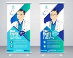 medizinisches Roll-up-Banner-Vektorvorlagendesign oder Umfrage-Aufsteller für Gesundheitskrankenhäuser. Rollup- und Standee-Design-Banner für das Gesundheitswesen und die Medizin. vektor