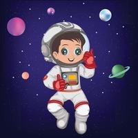 niedlicher astronautenkarikatur mit stern- und planetenvektorillustration vektor