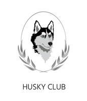 realistisk svart och vit blåögd fluffig sibirisk hes hund, porträtt i silver- krans och oval form, symbol för hund uppfödare. ritad för hand hund illustration på vit bakgrund för olika grafik vektor