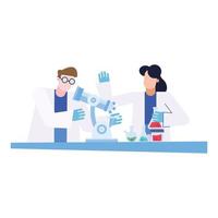 chemischer Mann und Frau mit Mikroskop und Flaschen am Schreibtischvektorentwurf vektor