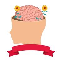 huvud i profil med mänsklig hjärna och blommor vektor