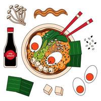 Japanisches Suppen-Ramen-Rezept mit Zutaten - Nudeln, Gemüse, Eier, Tofu, Nori-Blätter, Pilze und Sojasauce. vektor