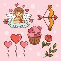 hand gezeichnetes illustrationsdesign-aufkleberobjektikonensatz valentinstagparty 14. februar des pfeilherzens, des rosa kuchens, des ballons, der blumenrose, des amors und des liebespakets vektor
