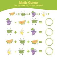 Mathe-Arbeitsblatt zum Zählen von Früchten. Mathe-Arbeitsblatt für den Kindergarten. pädagogisches druckbares mathe-arbeitsblatt. Aktivität zum Zählen und Schreiben von Antworten für Kinder. Vektor-Illustration. vektor