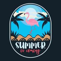 Flamingo Sommer Sonnenuntergang Strand Label Vektor Illustration Retro Vintage Abzeichen Aufkleber und T-Shirt Design