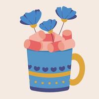 fyrkant vykort mall med mugg, marshmallows, hjärtan, blommor. lämplig för hjärtans dag, inbjudningar, förklaringar av kärlek. vektor illustration.