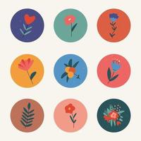 uppsättning av färgad ikoner för hjärtans dag. hjärtan, löv, bukett, blommor, grenar. runda ikoner på en ljus bakgrund. vektor