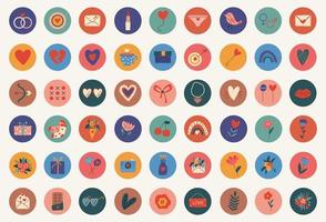 uppsättning av färgad ikoner för hjärtans dag. blommor, hjärtan, kuvert, mun, gåvor, godis, choklad. runda ikoner på en vit bakgrund. vektor