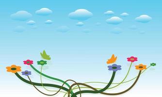 Linie nettes Blumenvektor-Illustrationsdesign mit Wolke und Himmel vektor