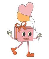 retro grooviger valentinstagaufkleber. niedliche und lustige Charakter-Geschenkbox mit Luftballons. 70er 60er Cartoon-Ästhetik vektor