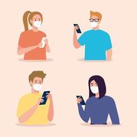 Frauen und Männer mit Masken, die Smartphone-Vektorentwurf halten vektor