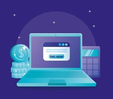 Laptop Münzen Rechner und Website mit Pay Now Button Vektor Design
