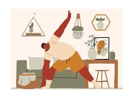 afro man body positiver übergewichtiger mann, der zu hause yoga macht. männlicher charakter, der trainiert, um gewicht zu verlieren. hand gezeichnete artvektorillustration. vektor