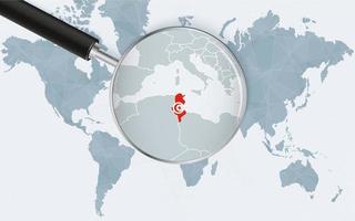 Weltkarte mit einer Lupe, die auf Tunesien zeigt. Karte von Tunesien mit der Flagge in der Schleife. vektor