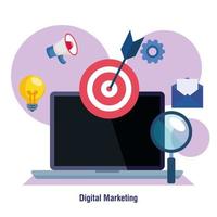 Laptop mit Ziel lupe und Symbolsatz des digitalen Marketingvektordesigns