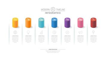 Infografik-Timeline-Diagrammvorlage für Unternehmen. 7 Schritte moderner Fahrplan mit zylindrischen Themen, für Vektorinfografiken, Flussdiagramme, Präsentationen. vektor