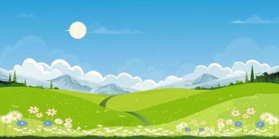 frühlingsgrüne felder landschaft mit bergen, blauem himmel und wolkenhintergrund, panorama friedliche ländliche natur im frühling mit grünem grasland. karikaturvektorillustration für frühlings- und sommerbanner vektor