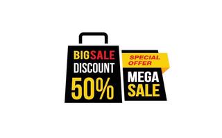 50-prozentiges Mega-Sale-Angebot, Räumung, Werbebanner-Layout mit Aufkleberstil. vektor