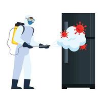 Mann mit Schutzanzug, der Kühlschrank mit covid 19 Virusvektorentwurf besprüht vektor