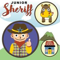 rolig ung pojke i sheriff kostym med söt häst och Hem, vektor tecknad serie illustration