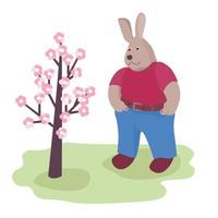 Ein süßes Kaninchen steht im Garten neben einem blühenden Baum. Vektor-Illustration isoliert auf weißem Hintergrund. vektor