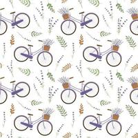 niedliches lila Fahrrad mit nahtlosem Muster der Lavendelblumen lokalisiert auf weißem Hintergrund. Retro-Fahrradkorb mit Blumen. Vektor-Illustration. vektor