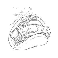 vektorillustration. taiwanesischer snack gua bao. ein Stück gedünstetes Fleisch mit Gurken und Frühlingszwiebeln in gedämpften Brötchen. Tapete der asiatischen Küche für Menü, Verpackung, Café, Restaurant. vektor