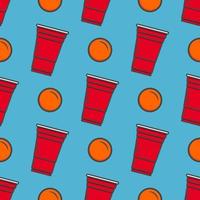 öl pong sömlös mönster. röd plast koppar på blå bakgrund. känd amerikan fest dricka spel. vektor bakgrund