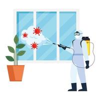 Mann mit Schutzanzug Sprühfenster mit Covid 19 Virus Vektor Design