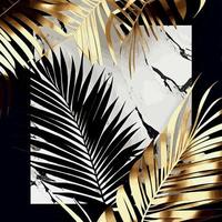 goldene palmblätter auf weißem und schwarzem marmorhintergrund, vorlage, postkarte - vektor
