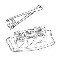 hand gezeichnete karikaturart-gekritzel-sushi-rollenikone. bunte japanische traditionelle küche gerichte nigiri, temaki vektorillustrationsgekritzel lokalisiert auf weißem hintergrund für asiatische restaurantkarte. vektor