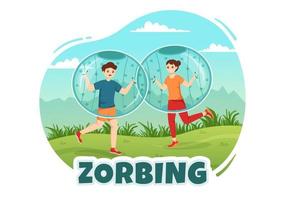 Zorbing-Illustration mit Leuten, die Bubble Bump auf der grünen Wiese oder im Pool spielen, für Web-Banner oder Landing-Page in handgezeichneten flachen Cartoon-Vorlagen vektor
